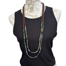 Indian agate Boho Beaded Necklace Long Layering Wood Accent Adjustable Tie green