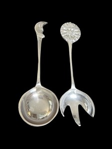Vtg Celestial Sun & Moon Fork Spoon Set 12" Metal Pewter Salad Serving Utensils