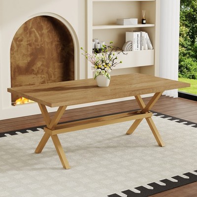 X-Shaped Bracket 6-8 Seater Farmhouse Dining Table, Light Wood MDF