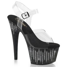 PLEASER 7" High Heels Black Clear Rhinestones Platform Ankle Strap Sandals Shoes