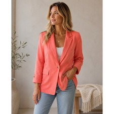 Treasure Bond Blazer Medium Coral Linen Womans Single Button Jacket