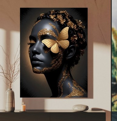 XXL LEINWAND BILD ER BIS 160x120x5 FRAU GESICHT SCHMETTERLING SCHWARZ GRAU GOLD