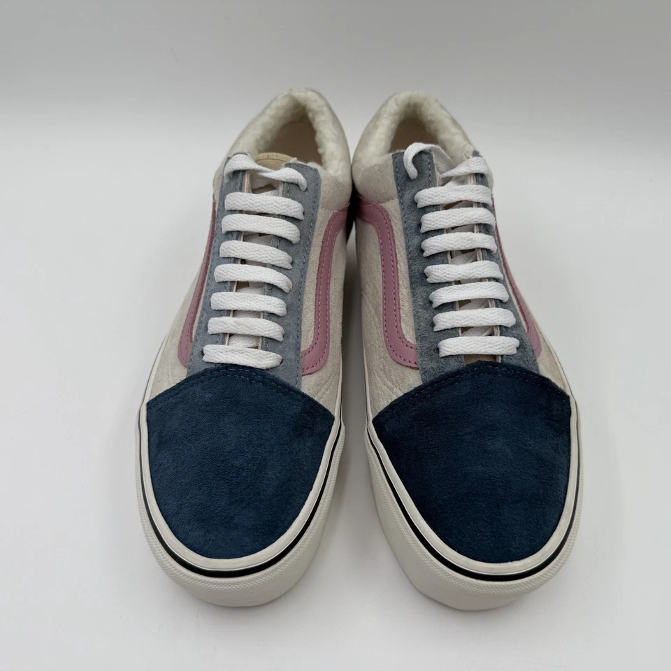 Vans Old Skool Platform 女式 9 码麂皮绒海军蓝灰色粉红色夏尔巴内衬鞋 — 第 2/4 张图片