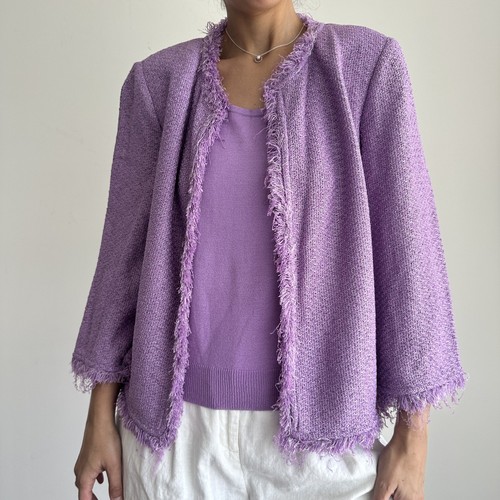 St John Jacket Set 12 Lilac Santana Knit Twinset Tank Top Tweed Fringe Luxury - Picture 9 of 9