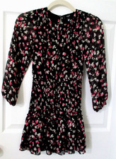 Aqua Brand Girl's Shirred Black Floral Long Sleeve Dress Size Medium 9/10 NEW