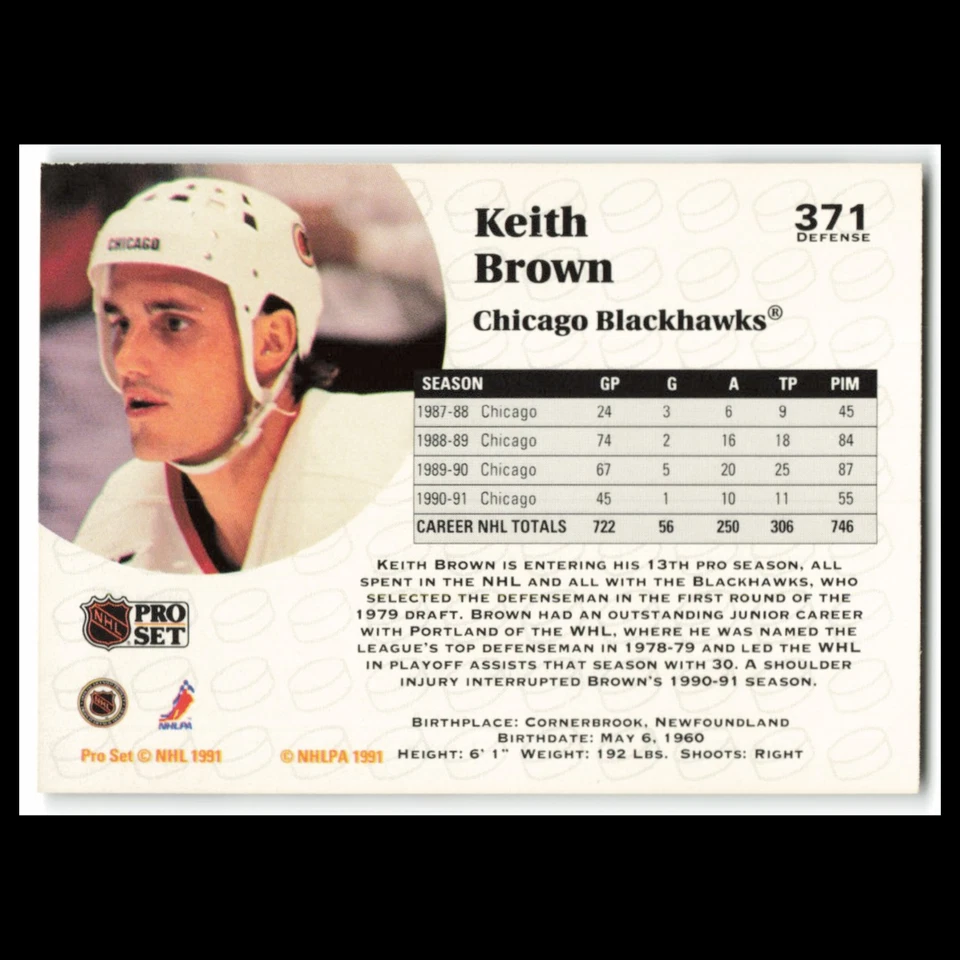 Keith Brown #371 1991 Pro Set Chicago Blackhawks Hockey Card NHL NM - Image 2 of 3