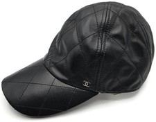 Chanel CC Logo Quilted Lambskin Leather Baseball Cap Hat Black Medium 15B Rare
