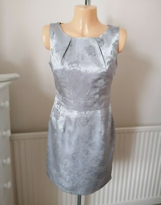 Silver floral sheath style dress, size UK 10, DUNNES, shiny rose print, zip grey