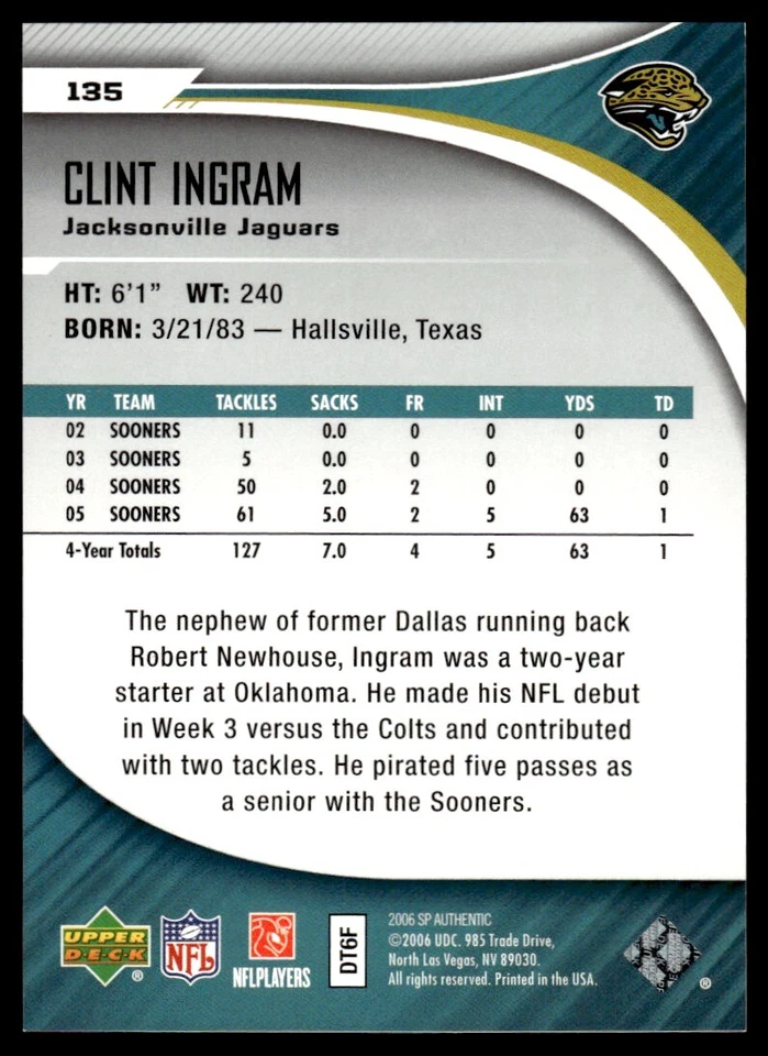 2006 SP Authentic Clint Ingram Rookie /1399 Jacksonville Jaguars #135 R72 - Image 2 of 2