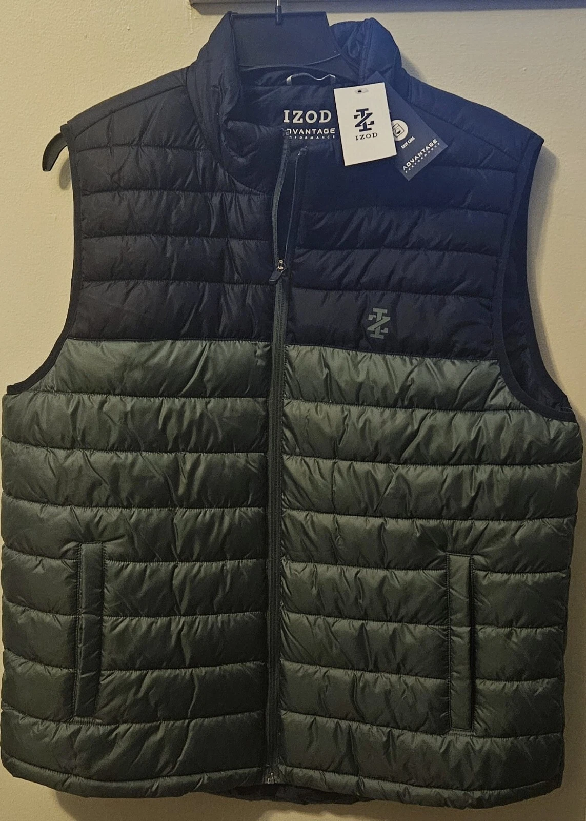 Izod Advantage Large Puffer Vest Blue/Green Golf Wind Full Zip Pockets