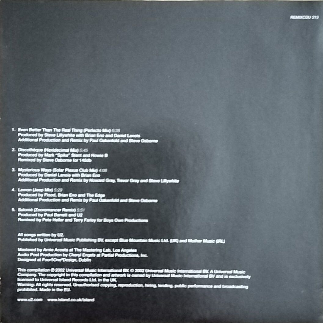 U2 Remixes from The 90's 5-track DJ promo CD single 2002 Island