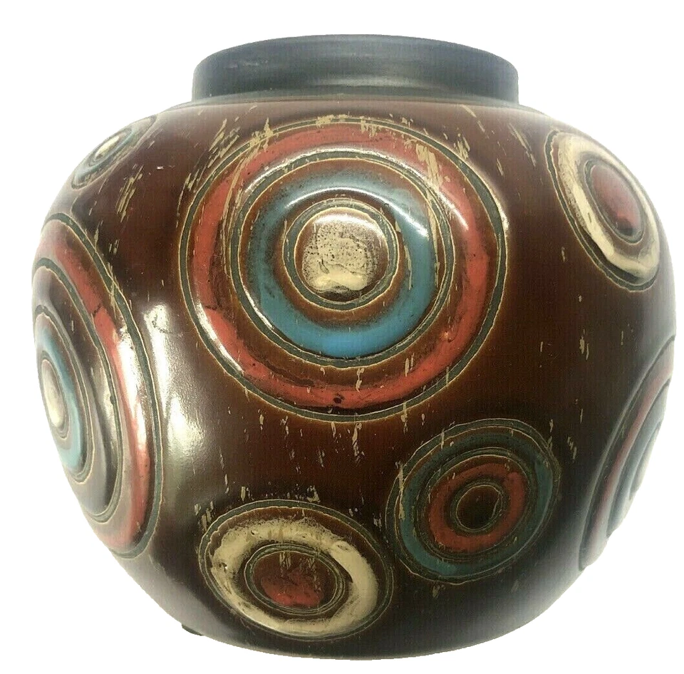 Boho Round Art Pottery Vase Black Brown 6x7" By Privilege International 34193  - Image 4 of 4