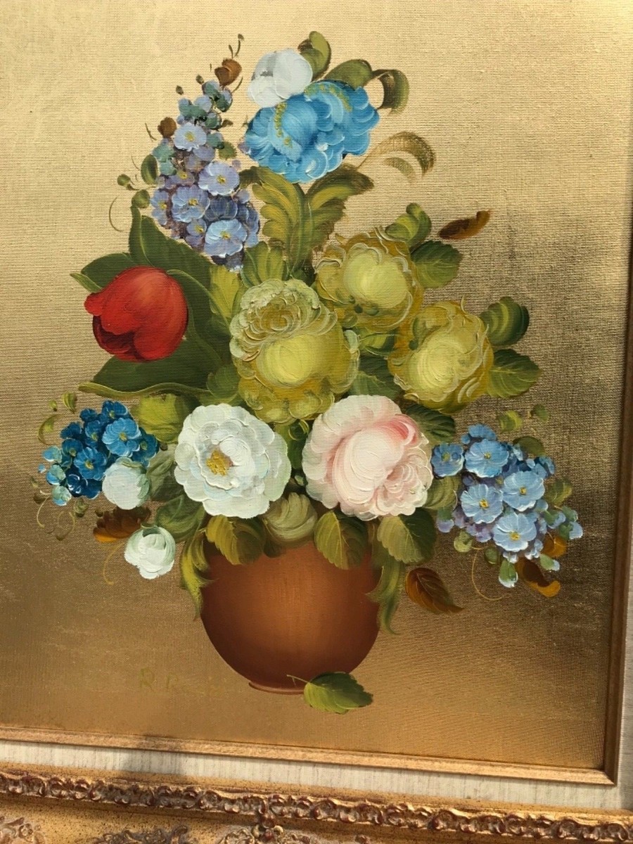 ORIGINAL OIL PAINTING BY R. ROSINI OF FLORAL ARRANGEMENT WITH VASE