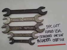 Open End Wrench 5 Pc Standard On One side Millimeter Other Side Forged USA Vtg. 