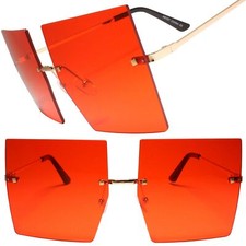 Designer Luxury Oversized Exaggerated Rimless Square Sunglasses Red  Gold