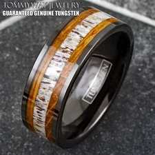 8mm Tungsten Carbide Men's Deer Antler & Whiskey Barrel Wood Wedding Band Ring
