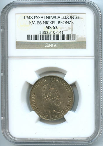 New Caledonia 2 Francs ESSAI 1948 KM E6 NGC MS 62