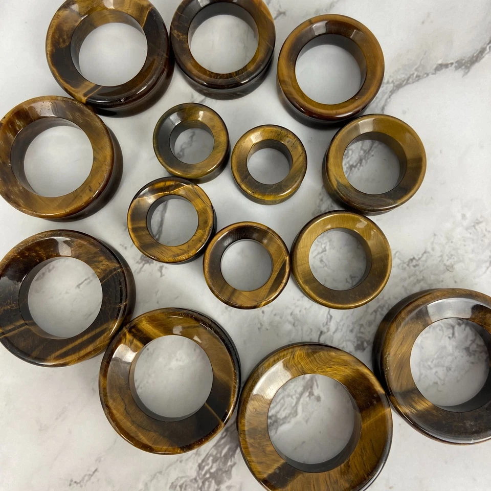 Par de TÚNELES CÓNCAVOS Piedra Ojo de Tigre Conjunto Medidores Tapones Orgánicos Tamaño Grande Foto 4 de 4