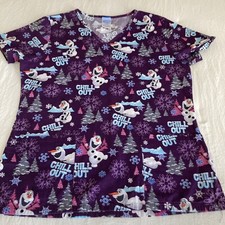 Disney Frozen Olaf Women  s Scrub Top Small V Neck Purple Multi  Chill Out  