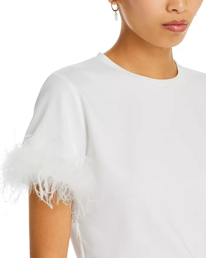 Aqua L141808 Womens White Feather Trim Short Sleeve Top Size S | eBay