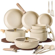 25pc Ceramic Cookware Set Pots and Pans Detachable Handle Nonstick Oatmeal