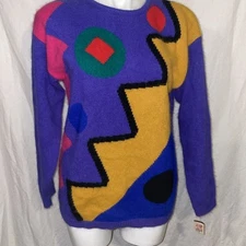 Rafaella VTG Rabbit Hair Lambswool Colorful Artsy Chic Long Sleeve Sweater Sz M