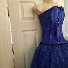 Special Occasion Cobalt Blue Ruffled Satin Corset with Rhinestones SZ M NWT
