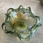 Vintage Murano Style Green Glass Ashtray with Gold Flecks. Stunning MCM Decor.