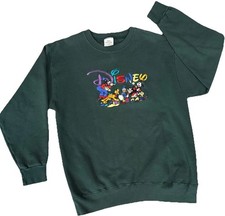 VTG 90s Disney Embroidered Sweatshirt L Goofy Mickey Minnie Donald Pluto Green