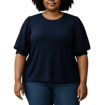 Design History Sweater Plus Size 2X Navy Blue Knit Lace Puff Sleeve Cotton