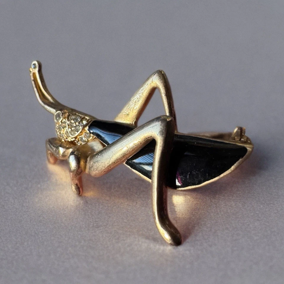 Vintage Grasshopper Brooch Gold Tone Black Enamel Rhinestone Insect Pin - Image 2 of 4