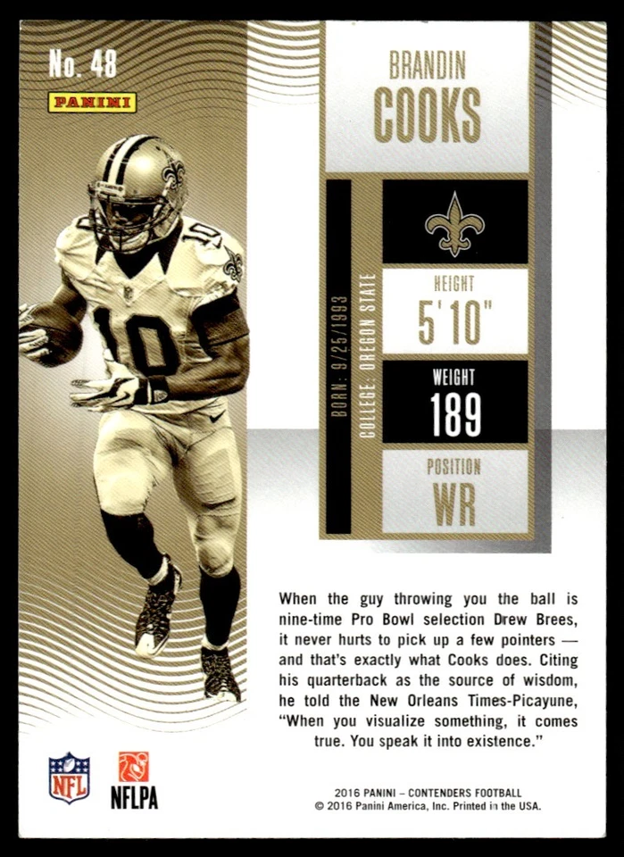 2016 Panini Contenders Brandin Cooks New Orleans Saints #48 - Image 2 of 2