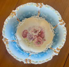 Antique RS Prussia Floral Pink Rose Blue Bowl Gold Trim 10.5