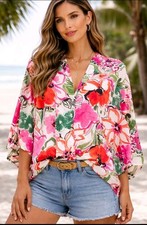 Camicetta top donna Entro raso manica kimono floreale bottoni scollo V nuova senza etichette S/M Resort