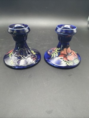 Pair Moorcroft Anemone Cobalt Blue Pottery Dwarf Candlesticks 3.5  England