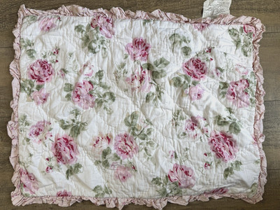 (1) Simply Shabby Chic Pink Ruffle Quilted Cabbage Roses Standard Pillow Sham