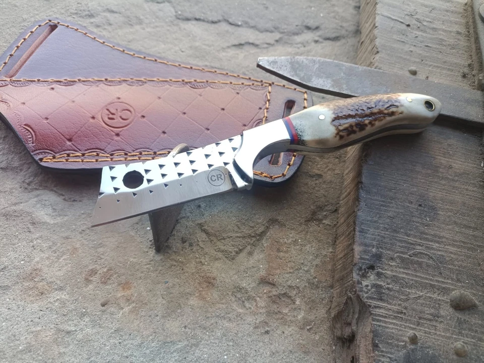 CUCHILLO PELADOR VAQUERO DE CAZA PERSONALIZADO FORJADO A MANO CON MANGO Y FUNDA DE CIERVO Foto 3 de 4