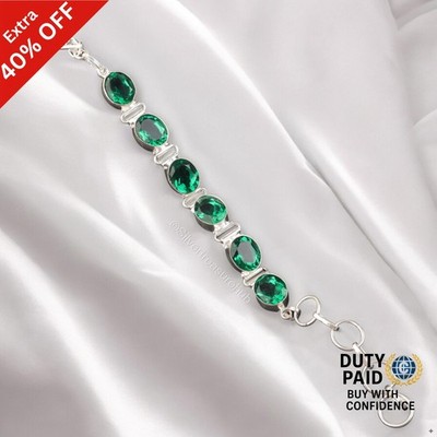 Sterling Silver Green Emerald Gemstone Chain Anniversary May Bracelet Jewelry