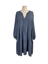 Tommy Hilfiger NEW XL Tiered Dress Blue Chambray V-Neck 3/4 Sleeves Knee Length