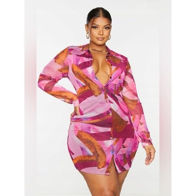 (A1) PrettyLittleThing Plus Pink Abstract Mesh Button Down Shirt Dress - Size 24