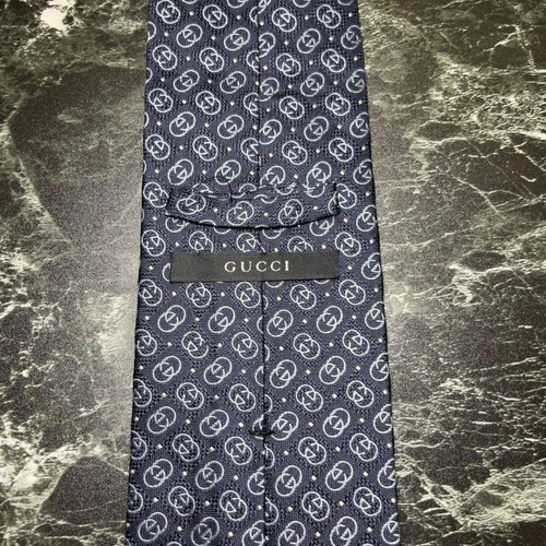 Gucci Navy Silk Tie Logo Pattern Interlocking Brand - Picture 2 of 7