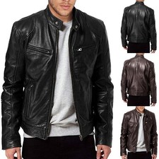 Men s Zip Up PU Leather Jacket Stand Collar Short Cardigan with Pockets