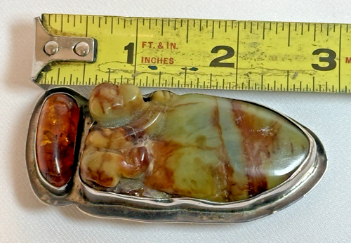 Amy Kahn Russell AKR Sterling Carved Green Onyx Monkey and Amber Brooch Pendant - Picture 9 of 9
