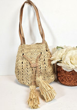 Mar Y Sol Neutral Woven Raffia Bucket Bag Drawstring Closure W Tassel Accent