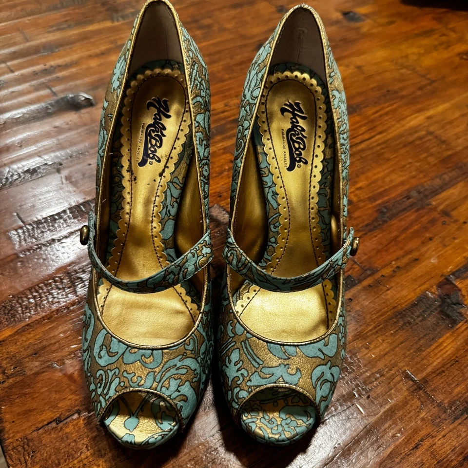 Hale Bob Turquoise Gold Peep Toe Pumps Mary Jane High Heels Statement Shoes 7.5 - Image 3 of 4
