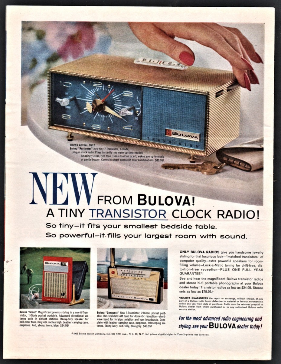 1962 BULOVA Performer Transistor Clock Radio PRINT AD Scout