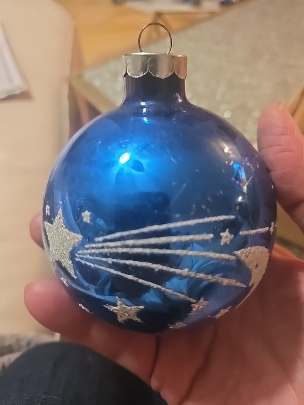 VTG Shiny Brite? Mercury Glass Blue Christmas Ornament Moon Stars Saturn Scene 