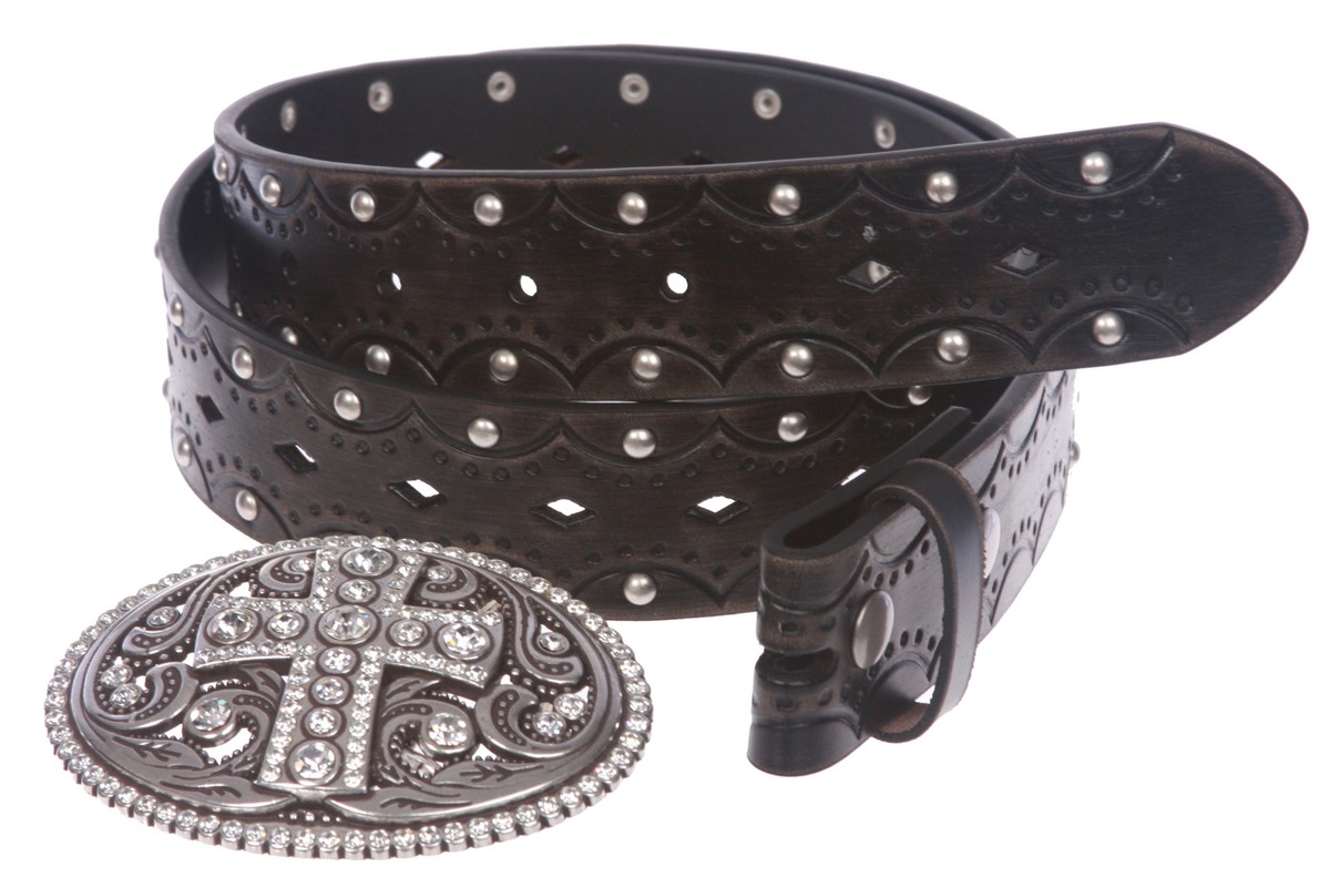 Studded Perforated Embossed Leather Belt With Rhinestone  display picture 1