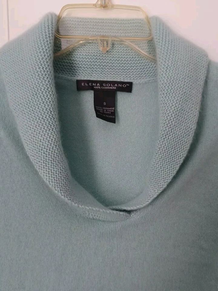 Elena Solano Womens 100% Cashmere Shawl Collar Pullover Aqua Small Cozy Sweater - Image 3 of 4