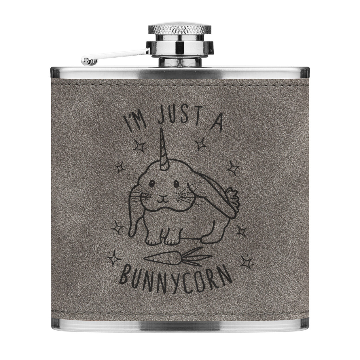 I'm Just A Bunnycorn 6oz PU Leather Hip Flask Grey Bunny Unicorn Rabbit Funny